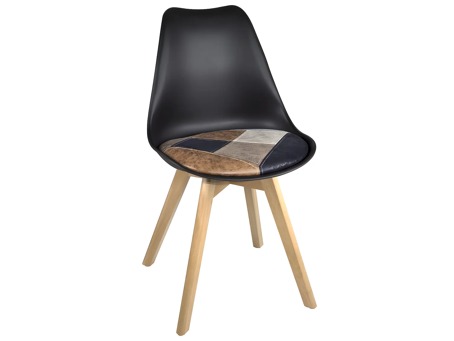 Lote de 2 sillas escandinavas, cojín de cuero sintético patchwork multicolor, asiento de plástico flexible, patas de madera LAO (marrón)