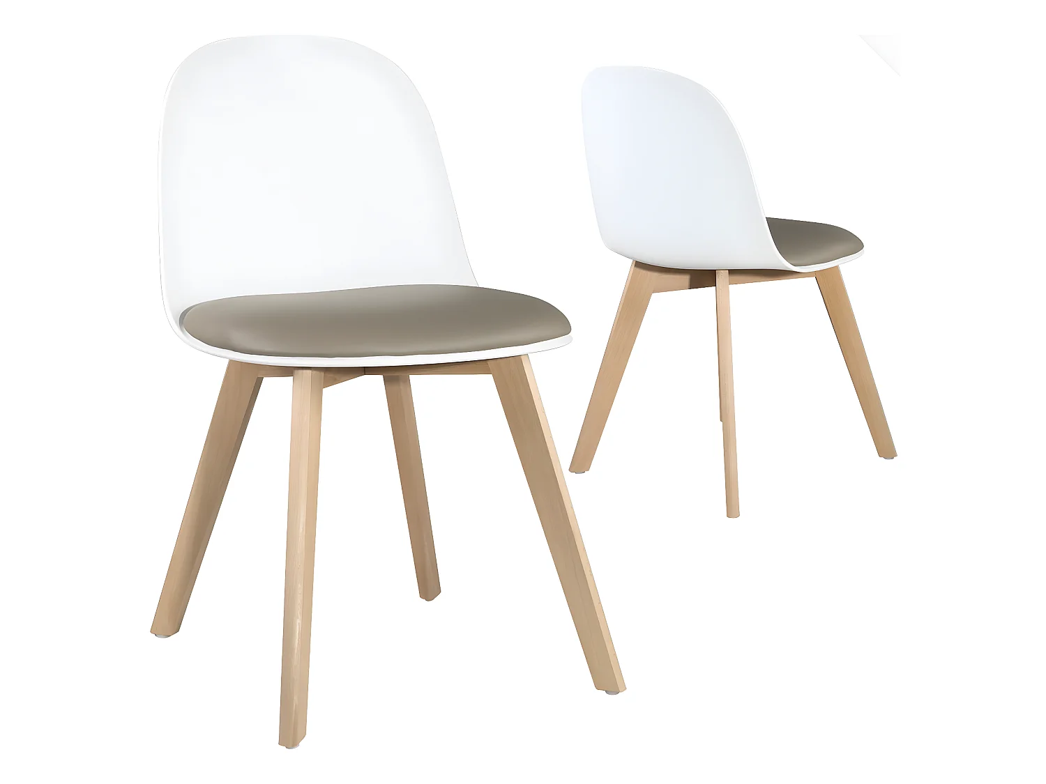 Lot 2 chaises de cuisine scandinaves pieds bois clair coussin simili cuir rembourré UFI (blanc-gris)