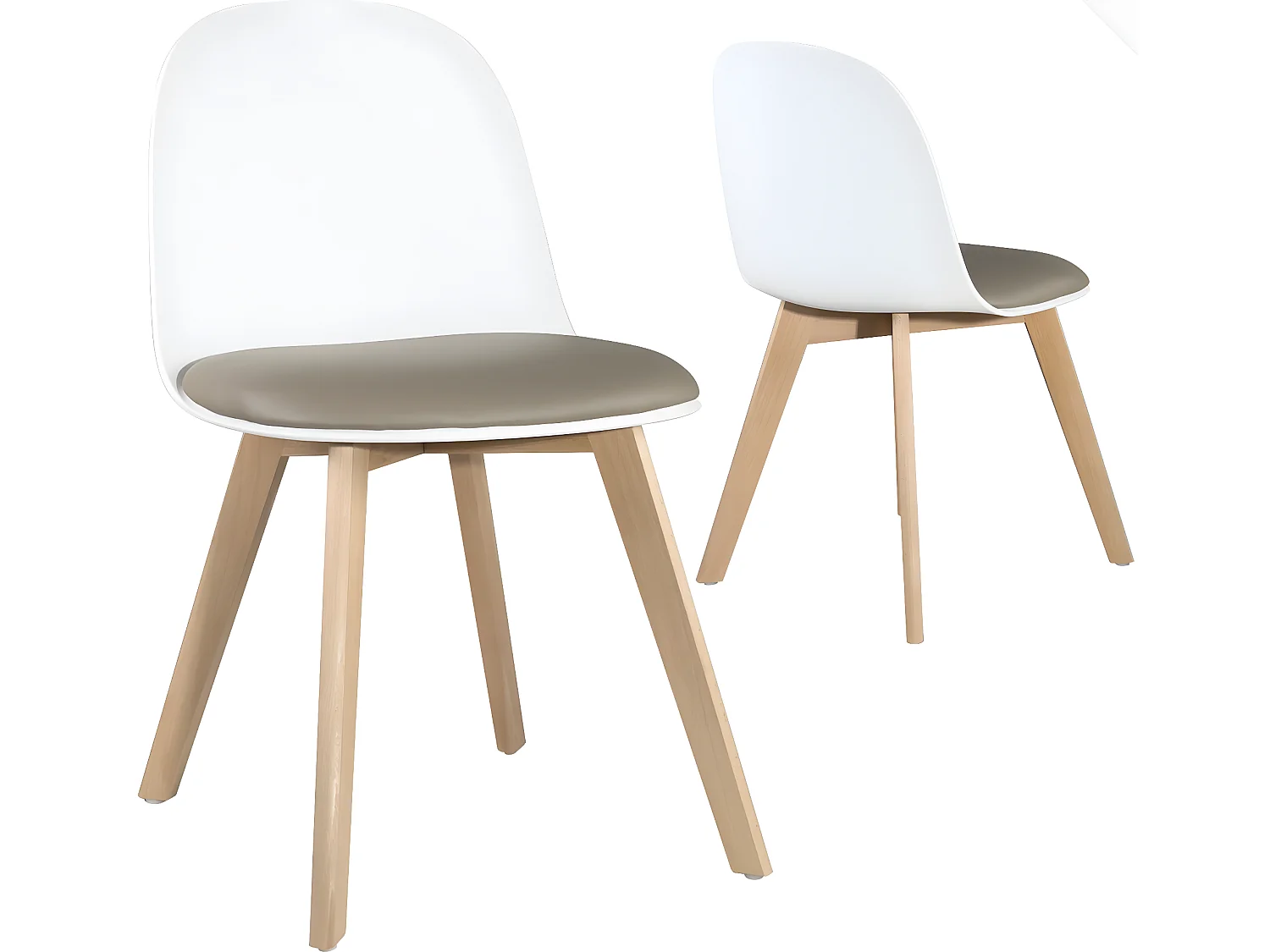 Lot 2 chaises de cuisine scandinaves pieds bois clair coussin simili cuir rembourré UFI (blanc-gris)