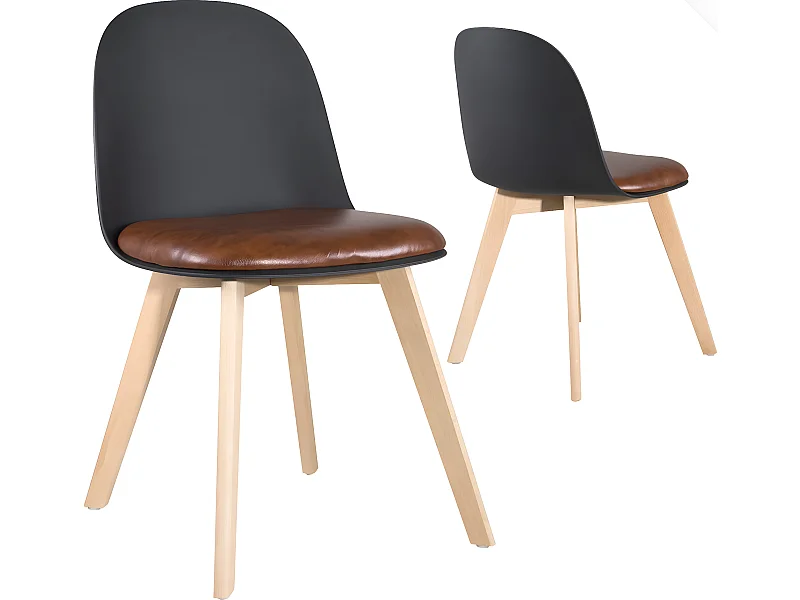 Set van 2 Scandinavische keukenstoelen lichte houten poten kussen simili leder gevoerd UFI (zwart-bruin)