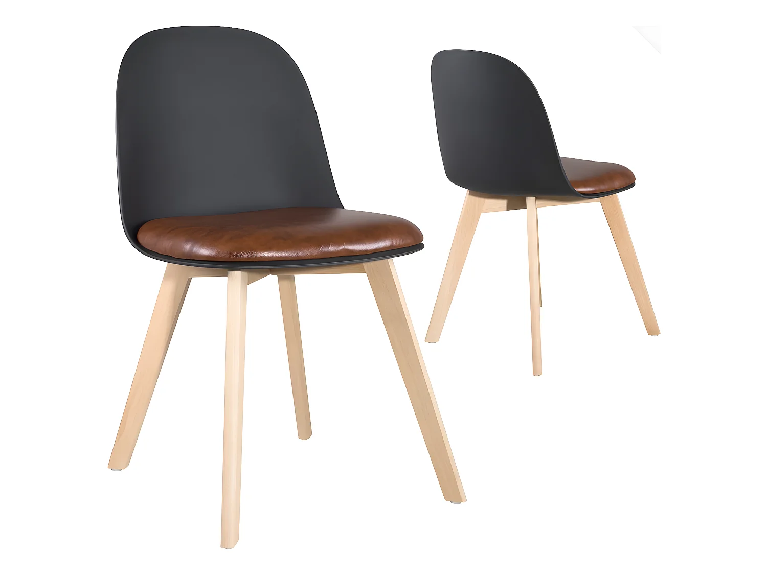 Lot 2 chaises cuisine scandinaves pieds bois clair coussin simili cuir rembourré UFI (noir-marron)