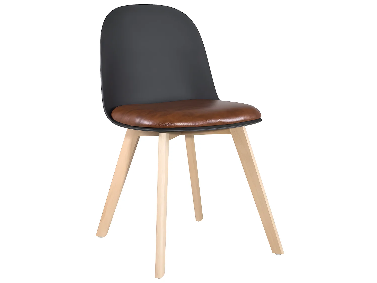 Lote de 2 sillas de cocina escandinavas, patas de madera de haya clara, cojín de cuero sintético acolchado UFI (negro-marrón)