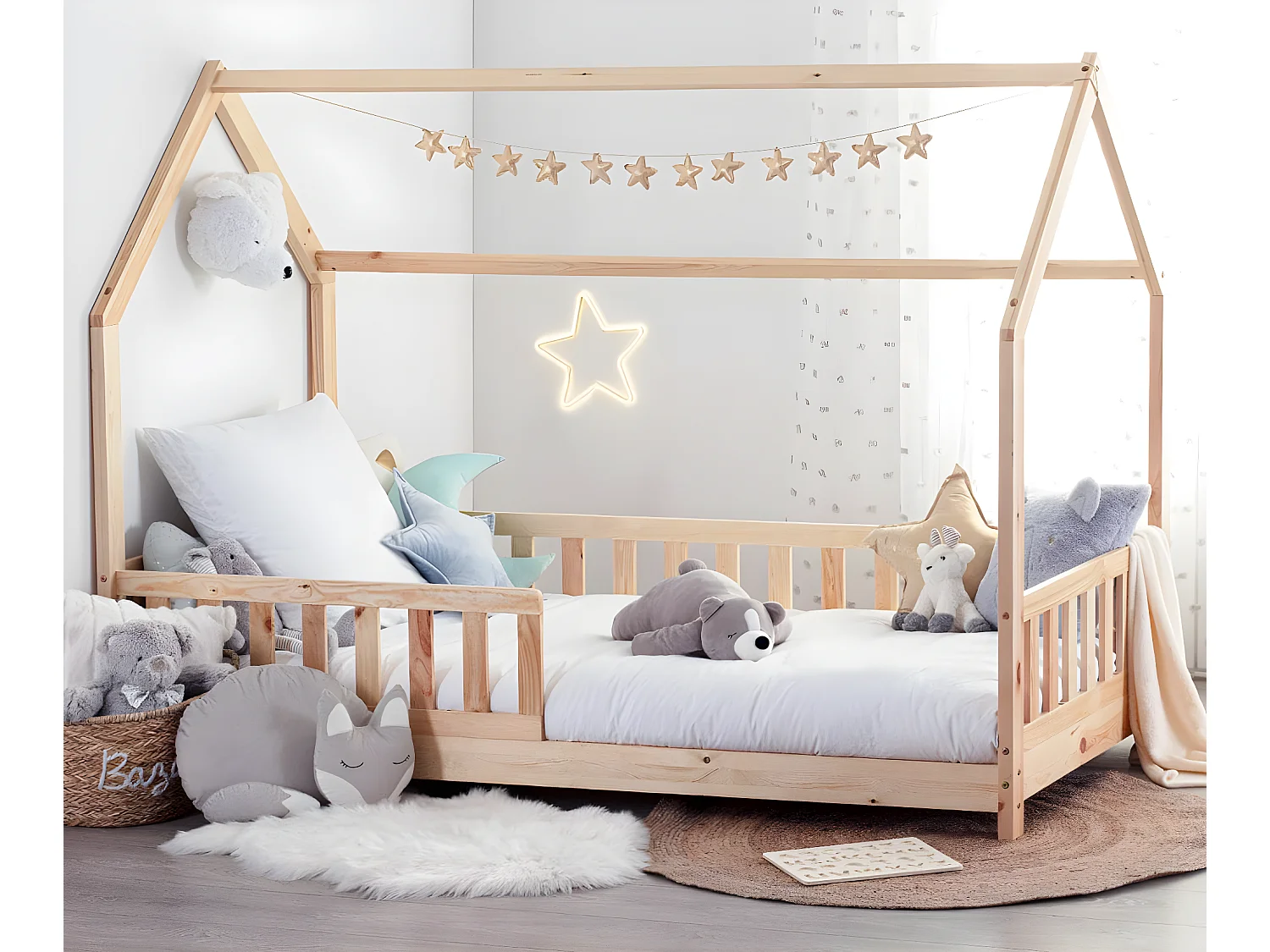 Lit cabane enfant en bois coloris beige ficelle - Longueur 195 x Profondeur 98,2 x Hauteur 145,7 cm