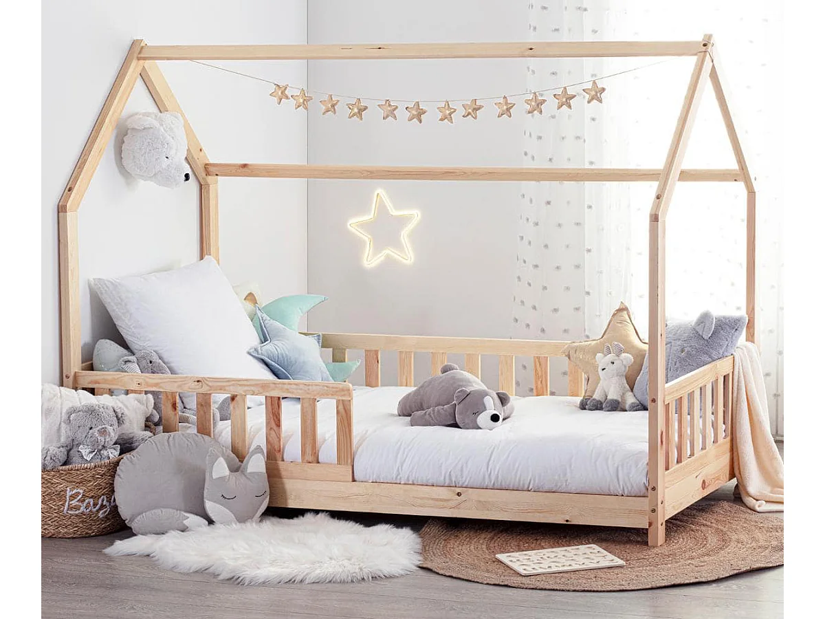 Lit cabane enfant en bois coloris beige ficelle - Longueur 195 x Profondeur 98,2 x Hauteur 145,7 cm