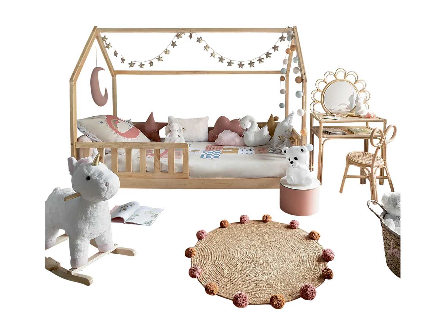 Lit cabane enfant en bois coloris beige ficelle - Longueur 195 x Profondeur 98,2 x Hauteur 145,7 cm
