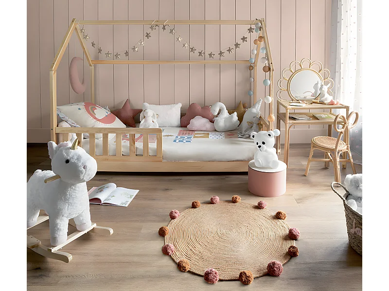 Lit cabane enfant en bois coloris beige ficelle - Longueur 195 x Profondeur 98,2 x Hauteur 145,7 cm
