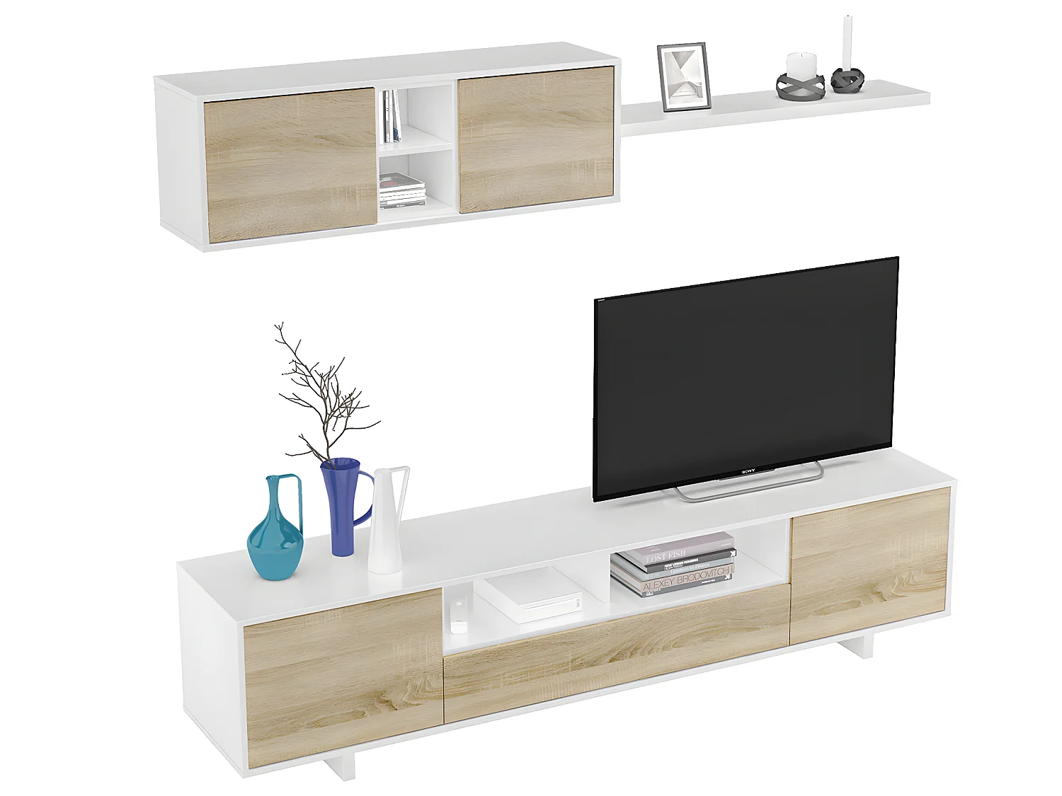 Ensemble TV coloris blanc brillant / Chêne canadien - Dim : 200 x 41 x 46 cm