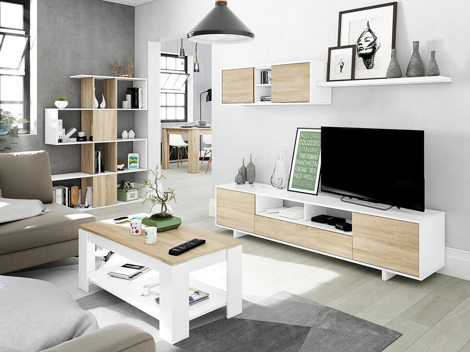 Ensemble TV coloris blanc brillant / Chêne canadien - Dim : 200 x 41 x 46 cm