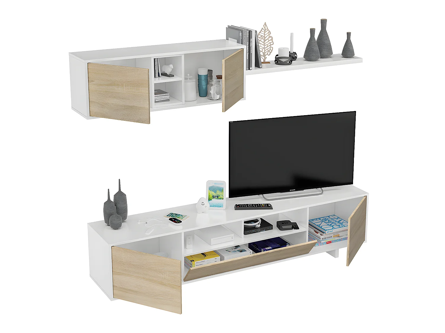 Ensemble TV coloris blanc brillant / Chêne canadien - Dim : 200 x 41 x 46 cm
