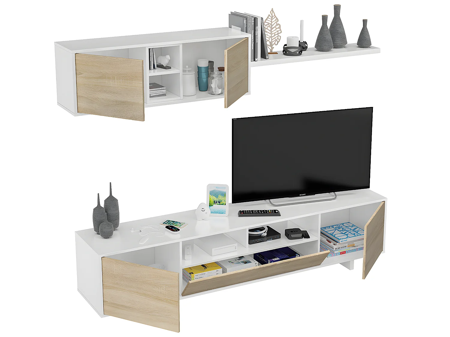 Ensemble TV coloris blanc brillant / Chêne canadien - Dim : 200 x 41 x 46 cm