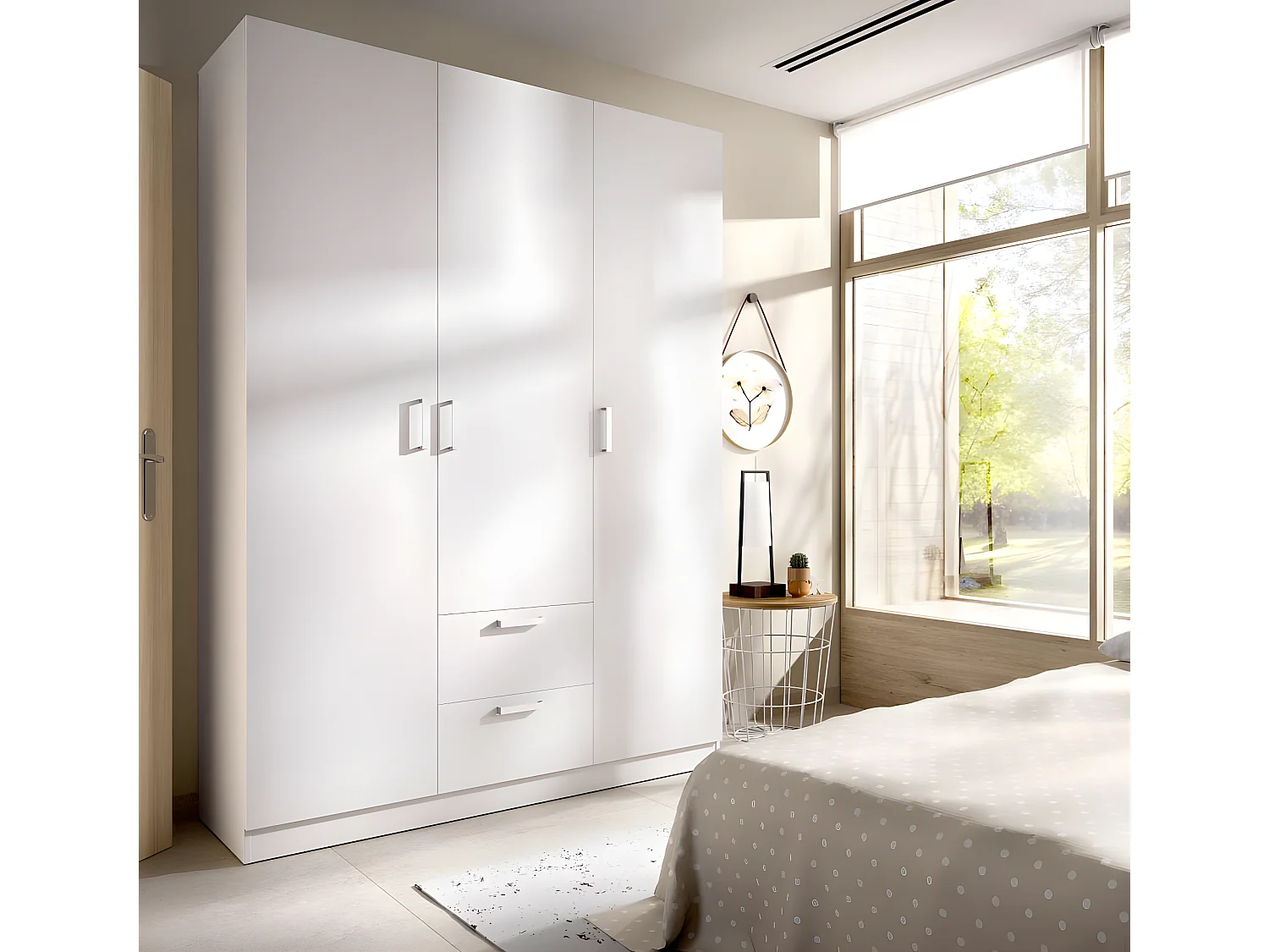 Armoire placard meuble de rangement coloris blanc - Longueur 150 x Profondeur 52 x Hauteur 215 cm