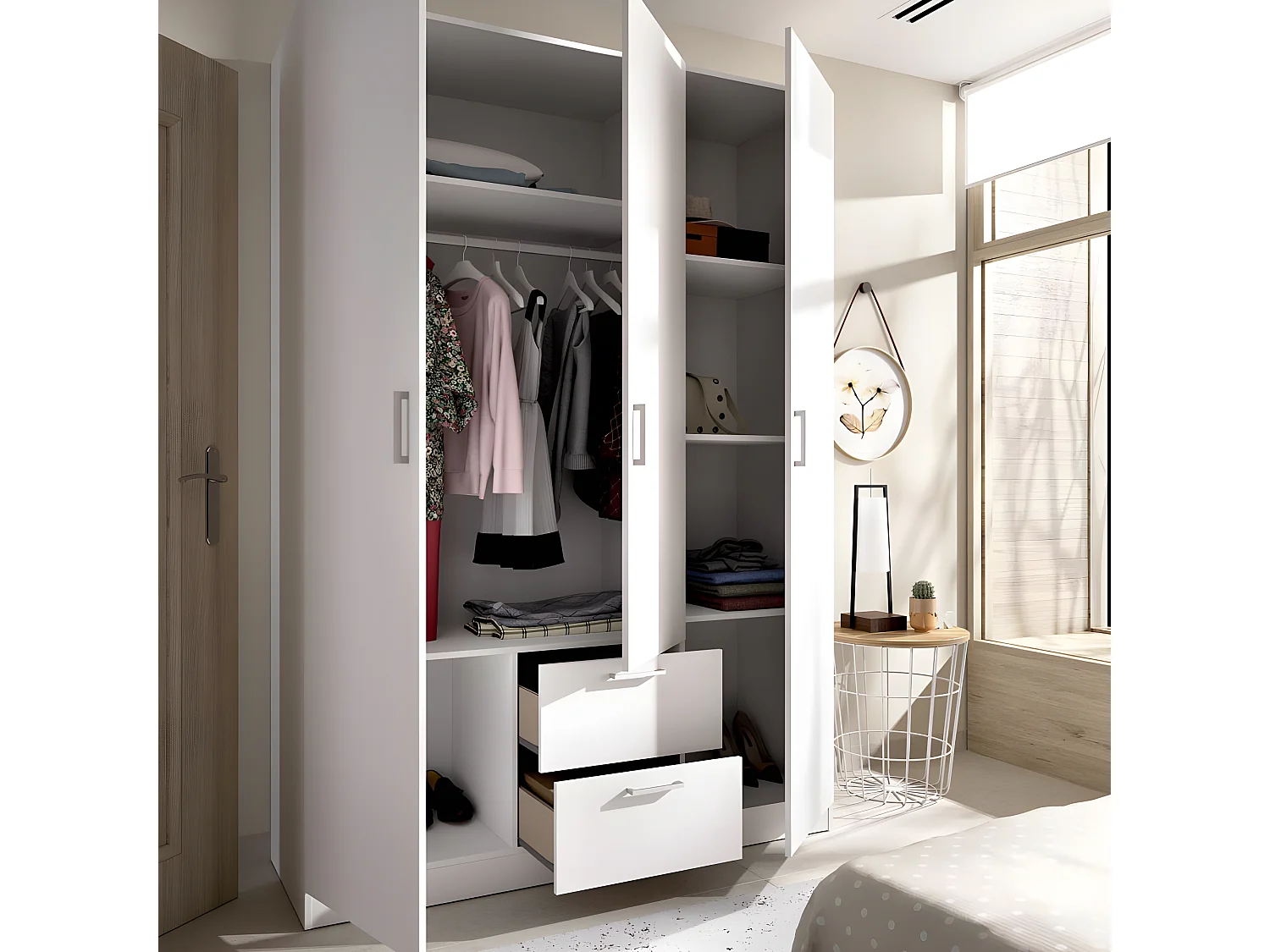 Armoire placard meuble de rangement coloris blanc - Longueur 150 x Profondeur 52 x Hauteur 215 cm