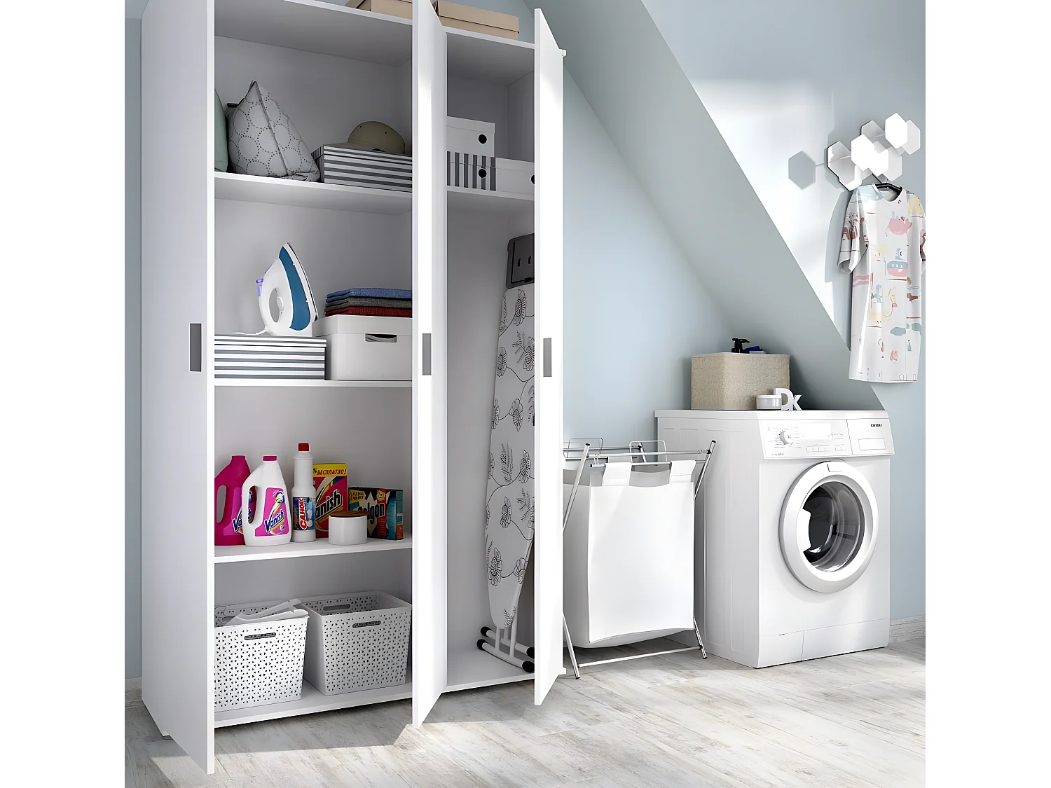 Armoire de rangement 3 portes coloris blanc - Longueur 116 x Profondeur 35 x Hauteur 190 cm