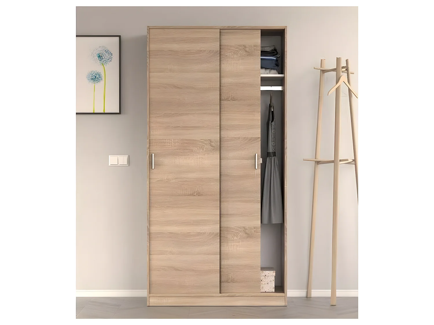 Armoire avec 2 Portes Coulissantes décor chêne canadien - Dim : L 100 cm x H 200 x P 50 cm