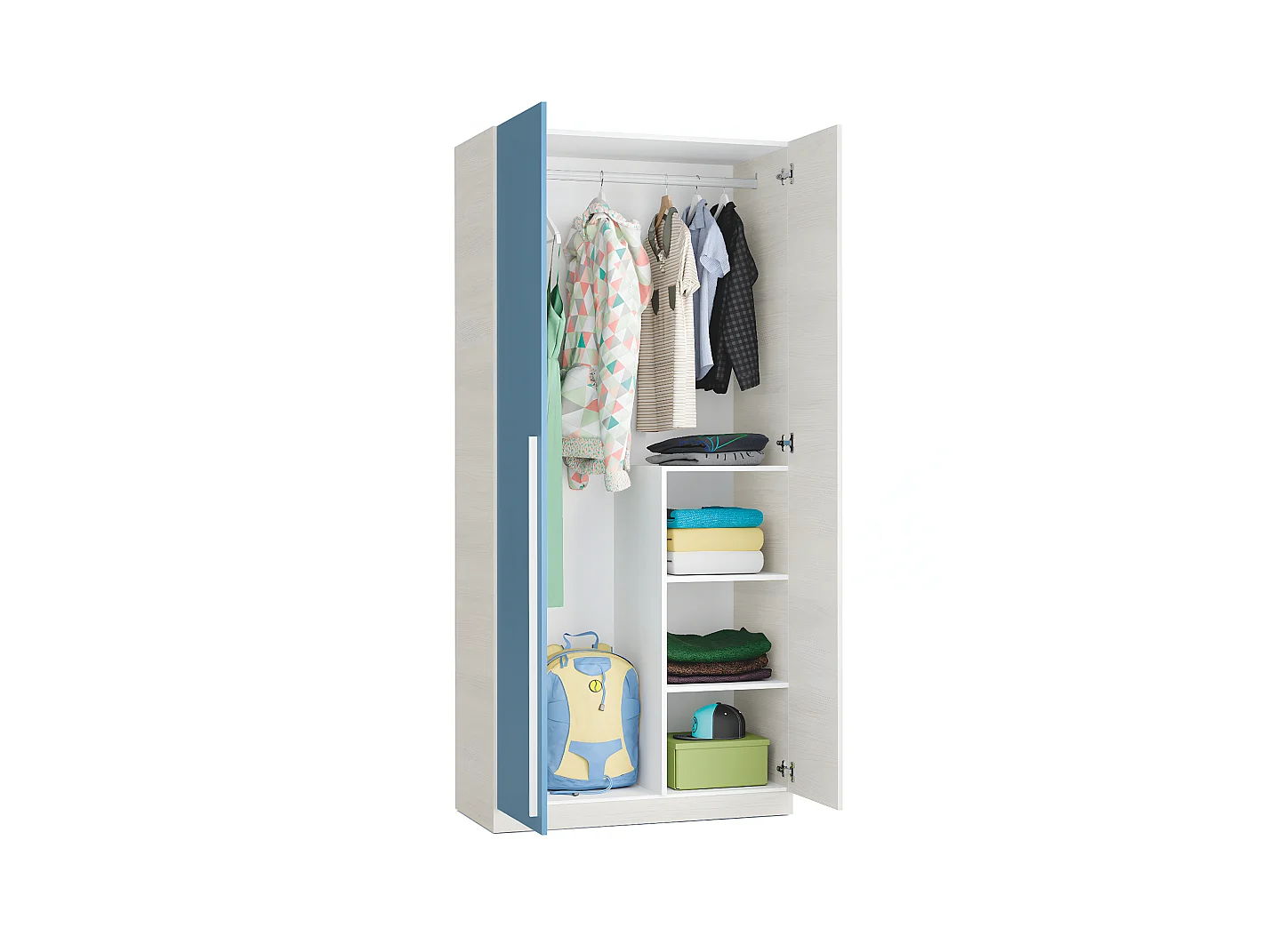 Armoire avec 2 portes coloris Blanc Alpes / bleu en mélamine - Dim : 200 x 90 x 52 cm