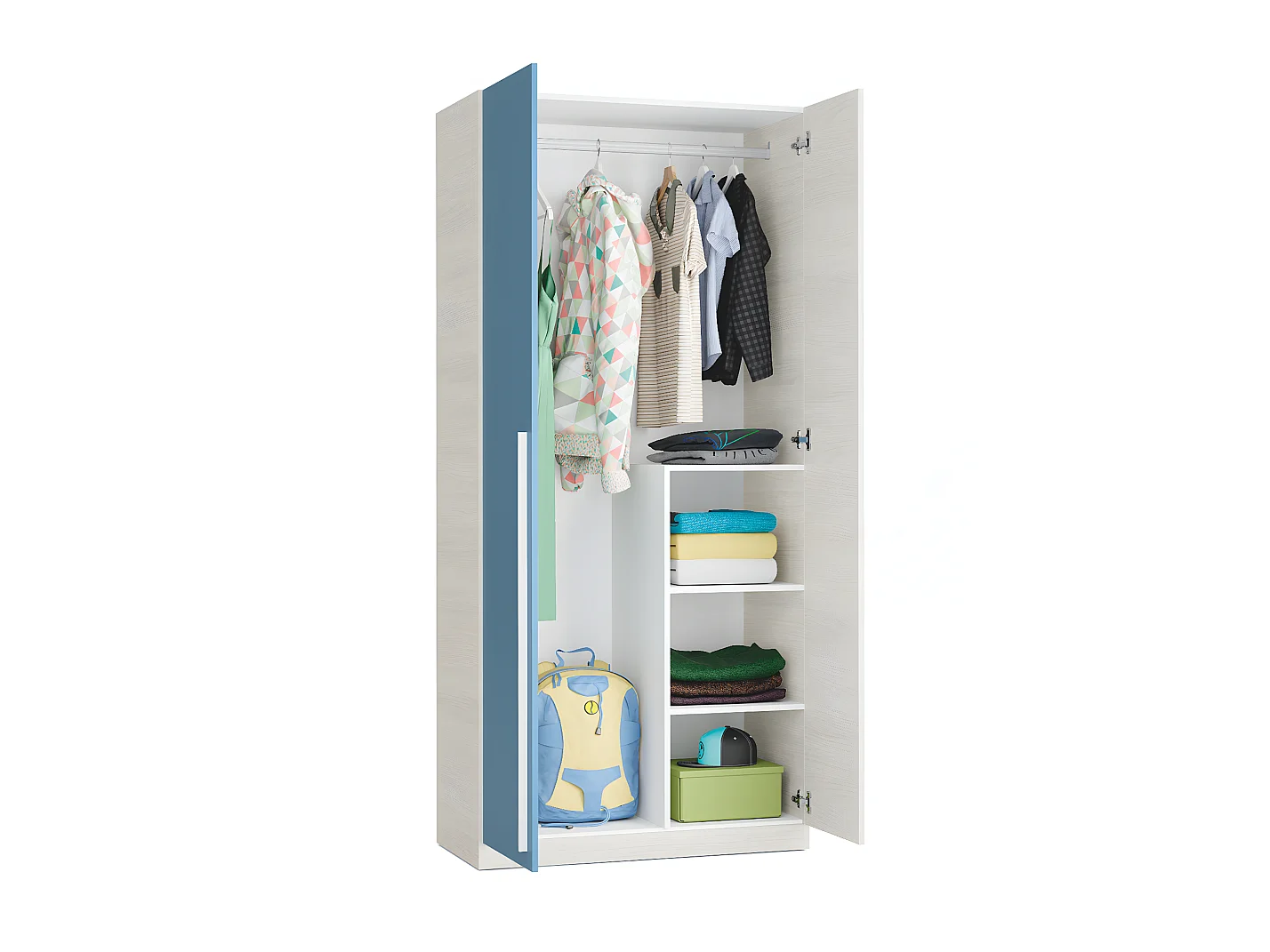 Armoire avec 2 portes coloris Blanc Alpes / bleu en mélamine - Dim : 200 x 90 x 52 cm