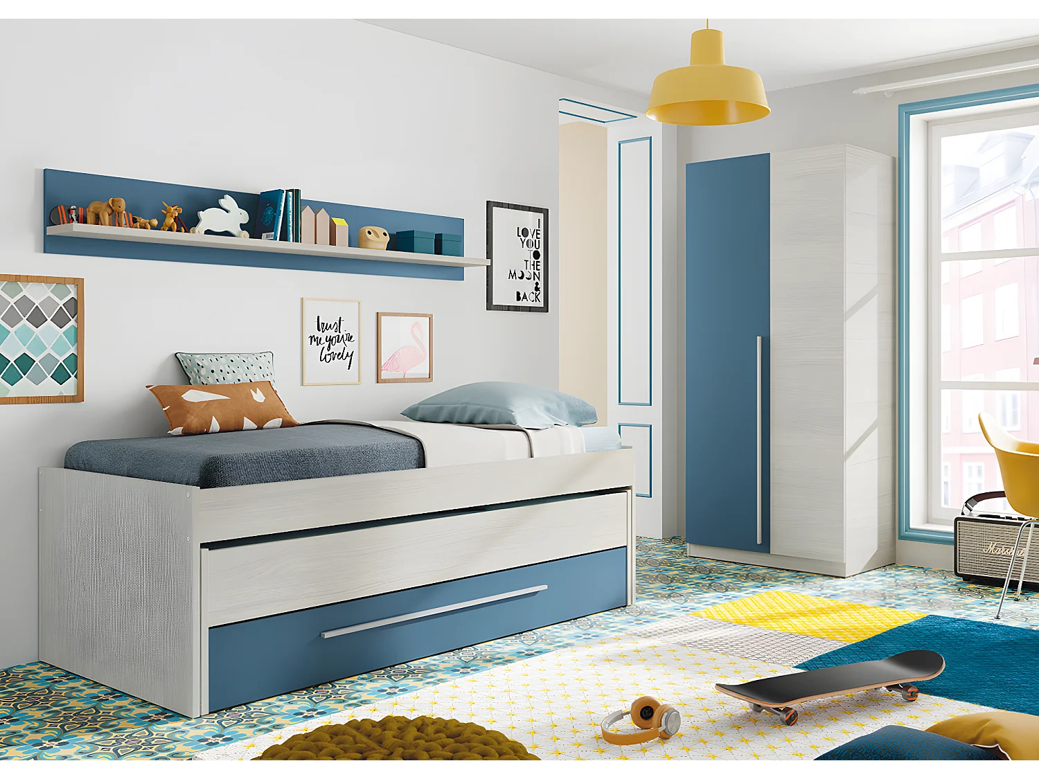 Armoire avec 2 portes coloris Blanc Alpes / bleu en mélamine - Dim : 200 x 90 x 52 cm