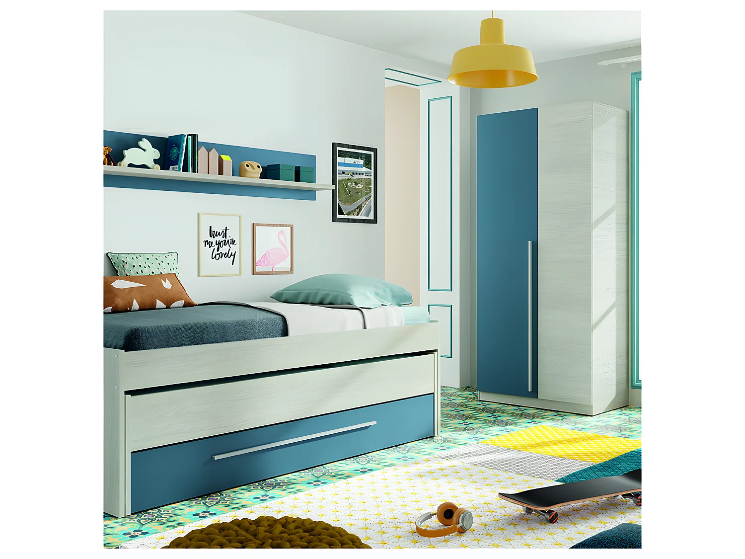 Armoire avec 2 portes coloris Blanc Alpes / bleu en mélamine - Dim : 200 x 90 x 52 cm