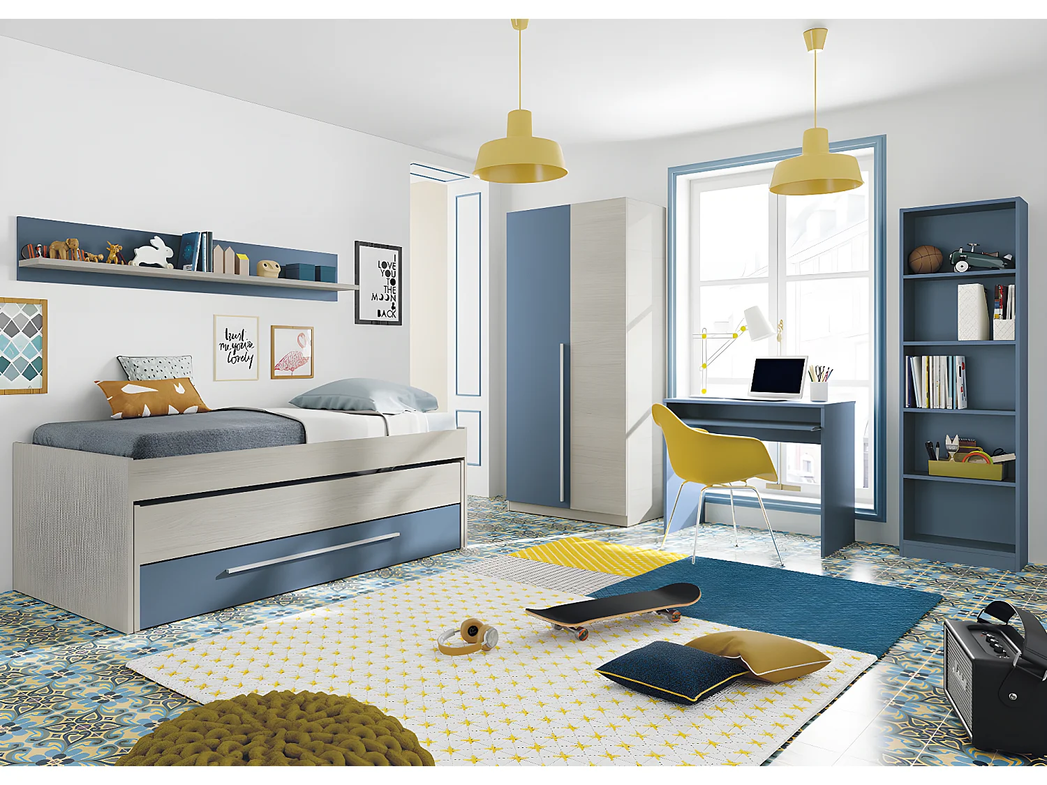 Armoire avec 2 portes coloris Blanc Alpes / bleu en mélamine - Dim : 200 x 90 x 52 cm