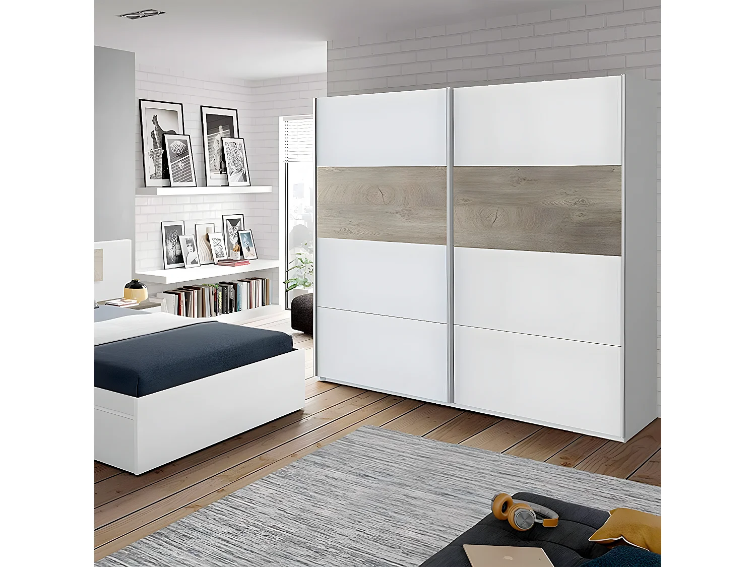 Armoire avec 2 portes coulissantes coloris Alaska chêne à nœuds / blanc artic - Hauteur 200 x Longueur 180 x Profondeur 60 cm