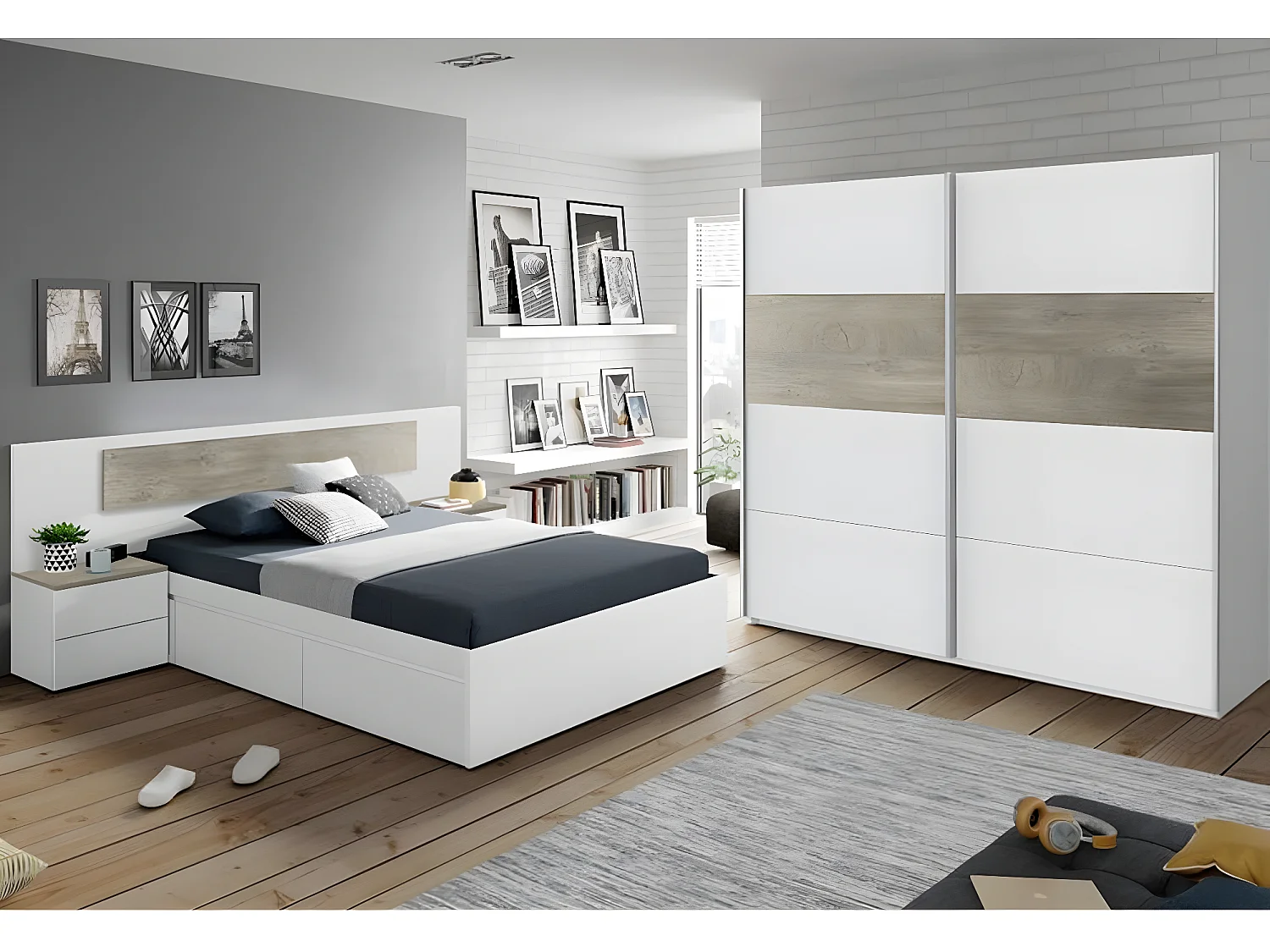 Armoire avec 2 portes coulissantes coloris Alaska chêne à nœuds / blanc artic - Hauteur 200 x Longueur 180 x Profondeur 60 cm