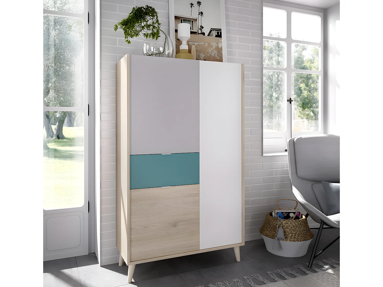 Armoire placard meuble de rangement coloris naturel/émeraude - Longueur 81 x Hauteur 137 x Profondeur 43 cm