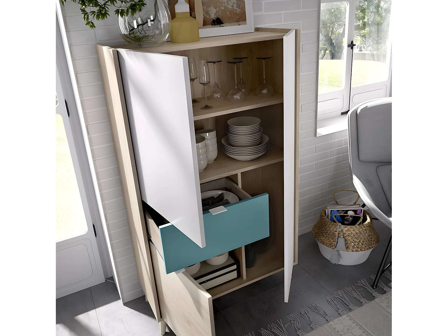 Armoire placard meuble de rangement coloris naturel/émeraude - Longueur 81 x Hauteur 137 x Profondeur 43 cm