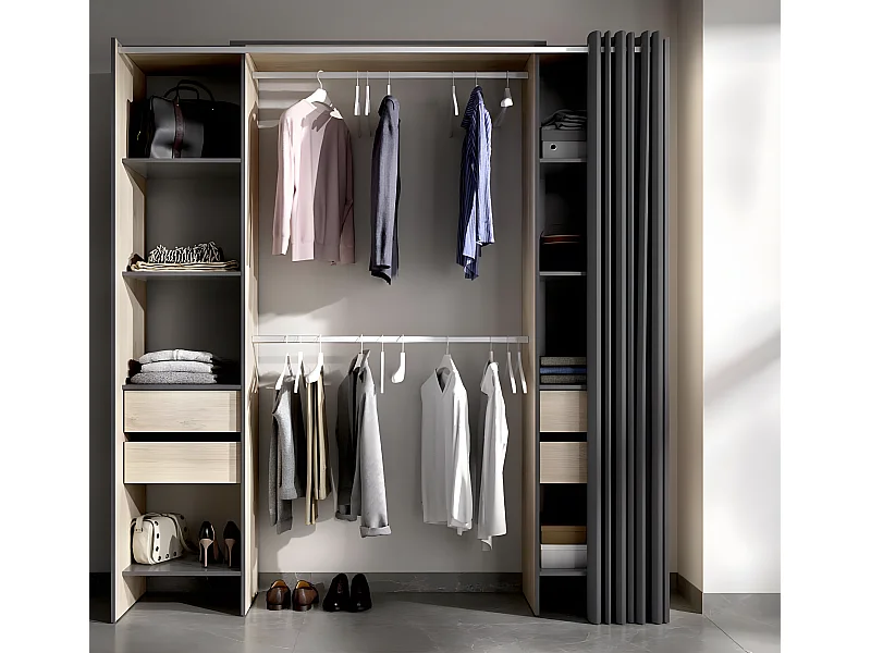 Armoire dressing extensible avec rideau + 4 tiroirs coloris naturel/graphite - Longueur 100-180 x Hauteur 203 x Profondeur 50 cm