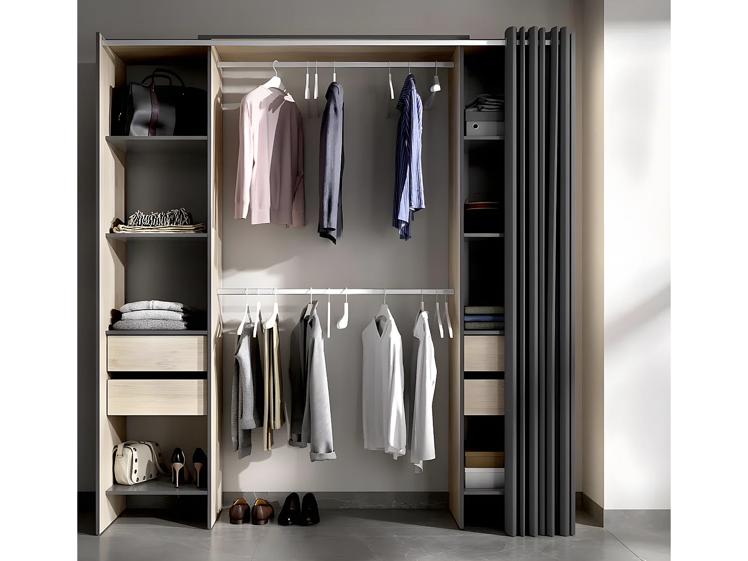 Armoire dressing extensible avec rideau + 4 tiroirs coloris naturel/graphite - Longueur 100-180 x Hauteur 203 x Profondeur 50 cm