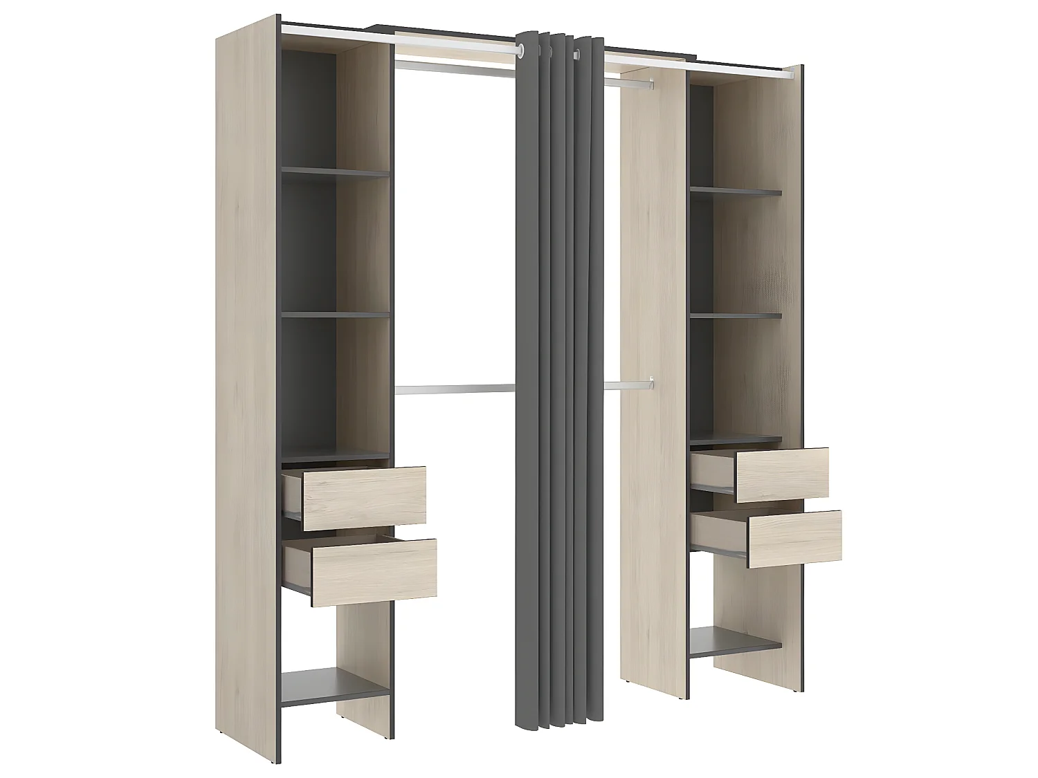 Armoire dressing extensible avec rideau + 4 tiroirs coloris naturel/graphite - Longueur 100-180 x Hauteur 203 x Profondeur 50 cm