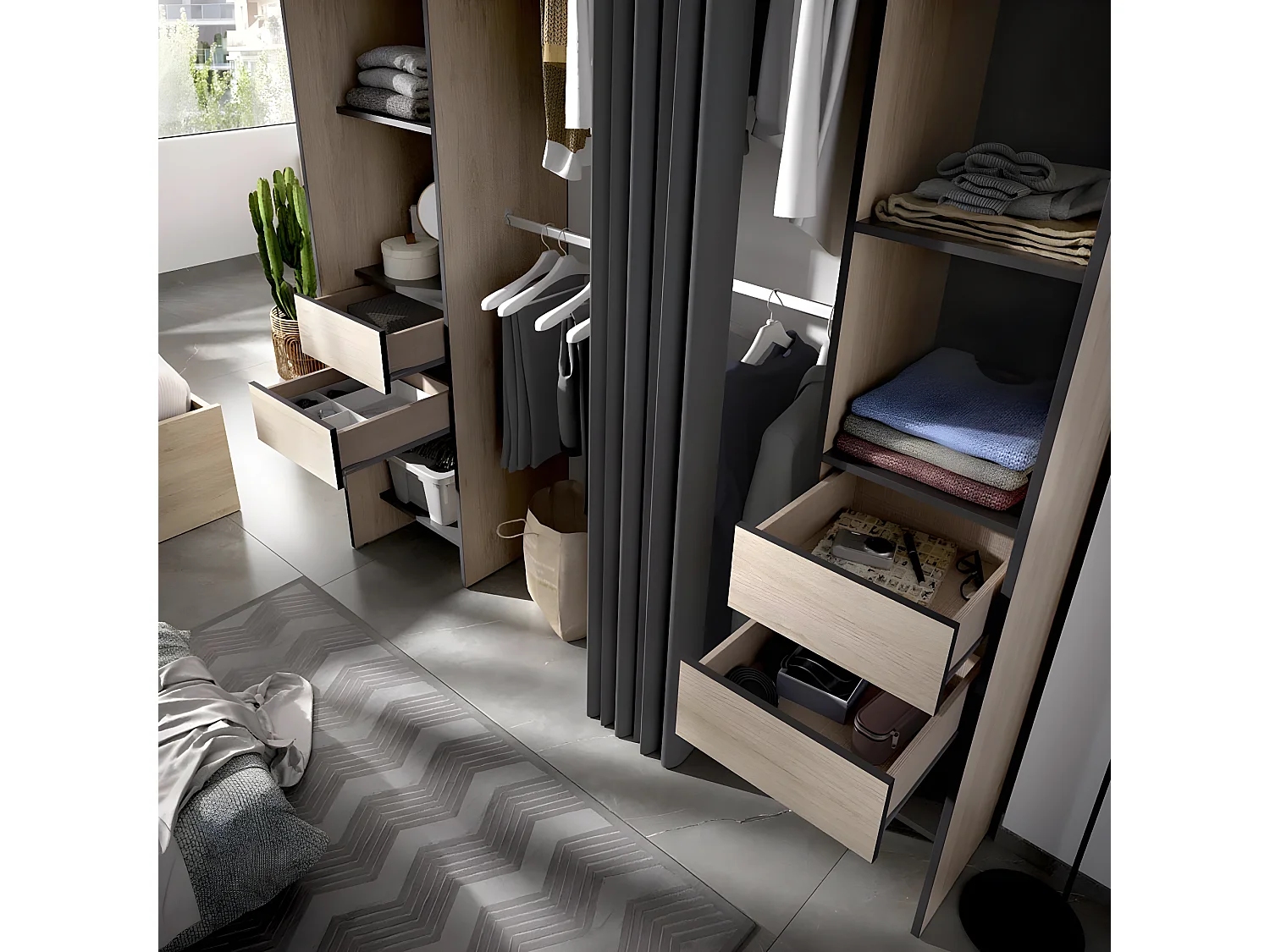 Armoire dressing extensible avec rideau + 4 tiroirs coloris naturel/graphite - Longueur 100-180 x Hauteur 203 x Profondeur 50 cm