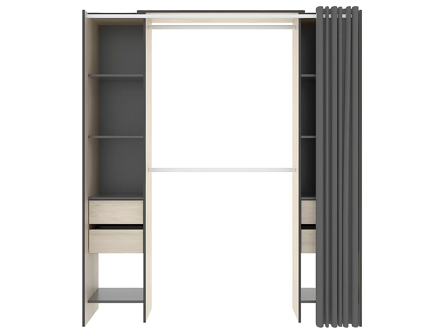 Armoire dressing extensible avec rideau + 4 tiroirs coloris naturel/graphite - Longueur 100-180 x Hauteur 203 x Profondeur 50 cm
