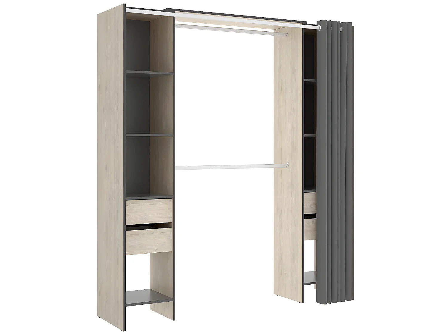 Armoire dressing extensible avec rideau + 4 tiroirs coloris naturel/graphite - Longueur 100-180 x Hauteur 203 x Profondeur 50 cm
