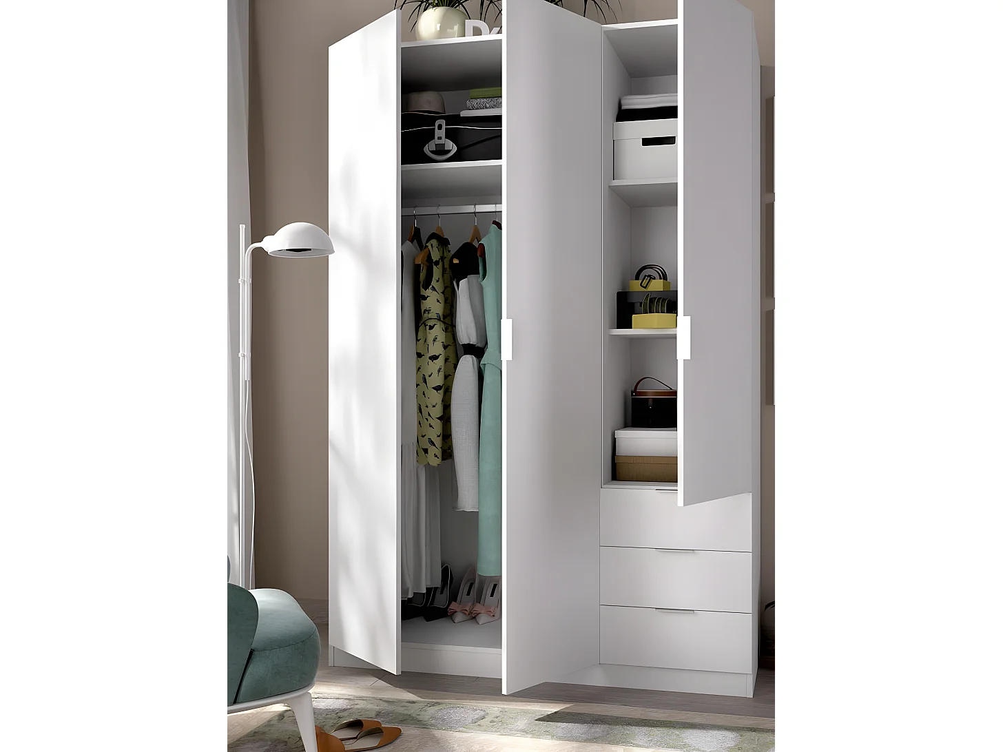 Armoire placard meuble de rangement coloris blanc - Longueur 121 x Profondeur 52 x Hauteur 184 cm