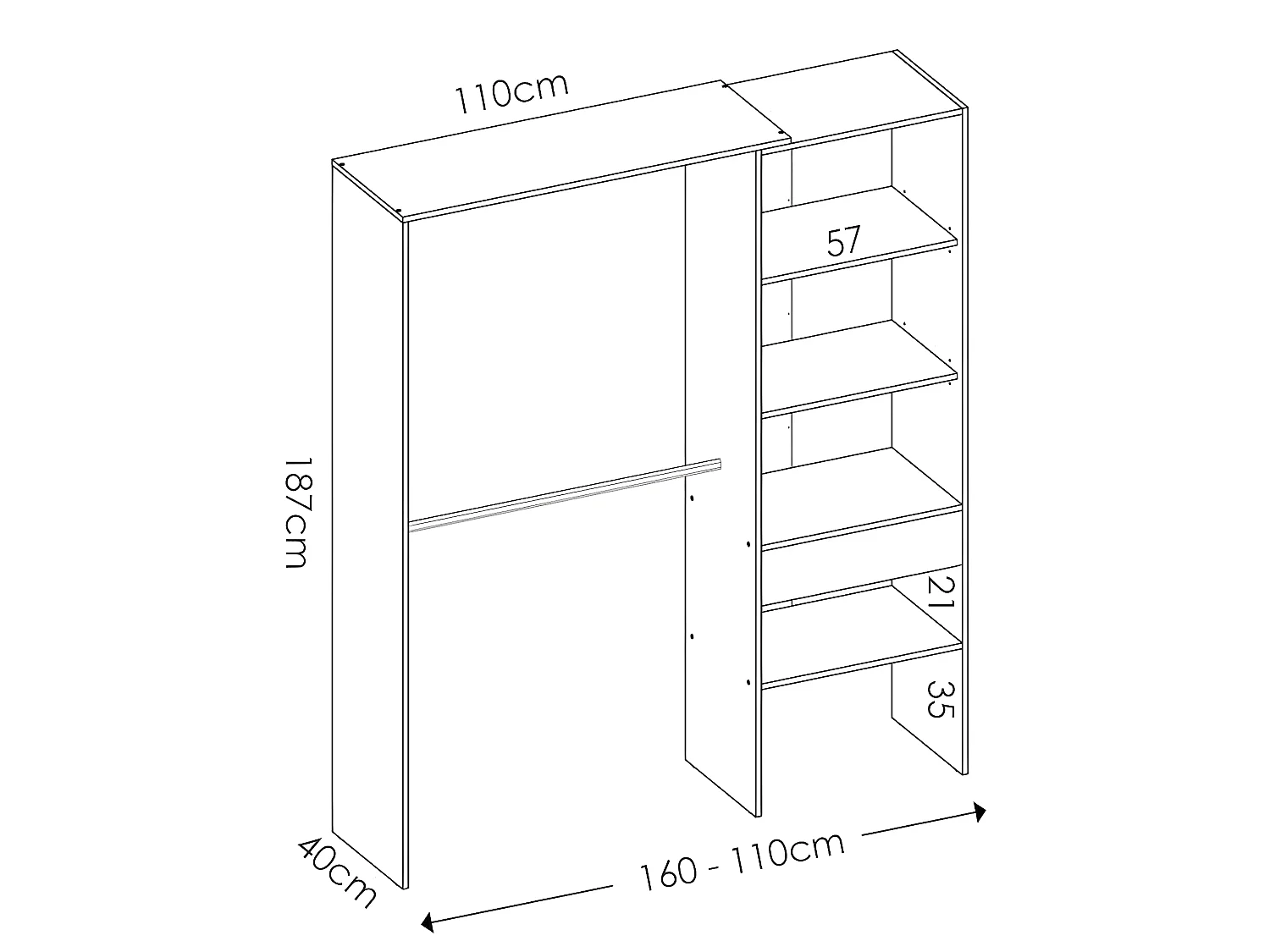 Armoire placard extensible coloris blanc - Longueur 110-160 x Hauteur 187 x Profondeur 40 cm