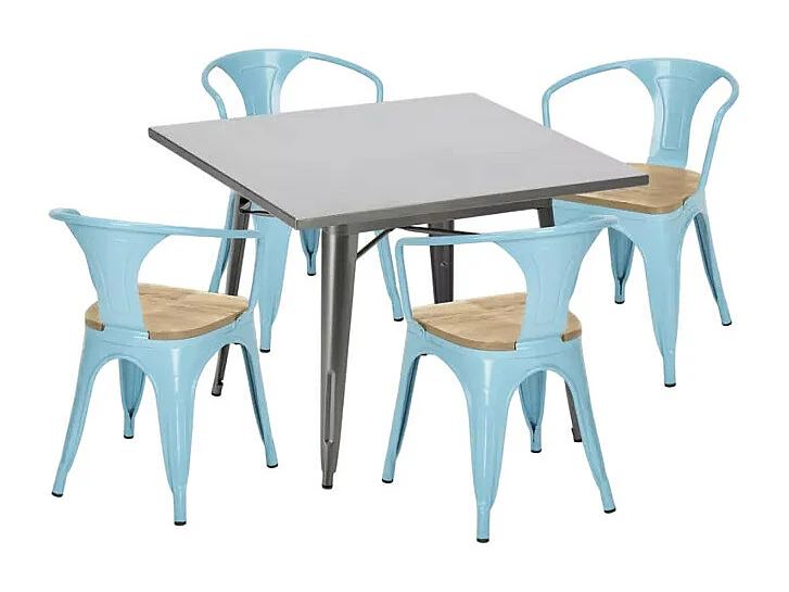 conjunto mesa industrial 80 x 80 cm 4 sillas madera metal century top light - Azul