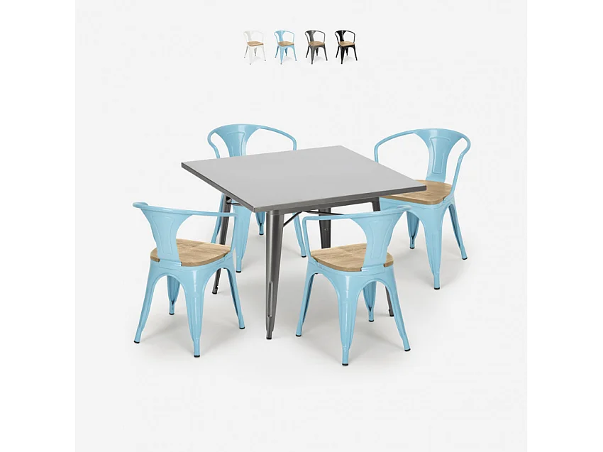 conjunto mesa industrial 80 x 80 cm 4 sillas madera metal century top light - Azul