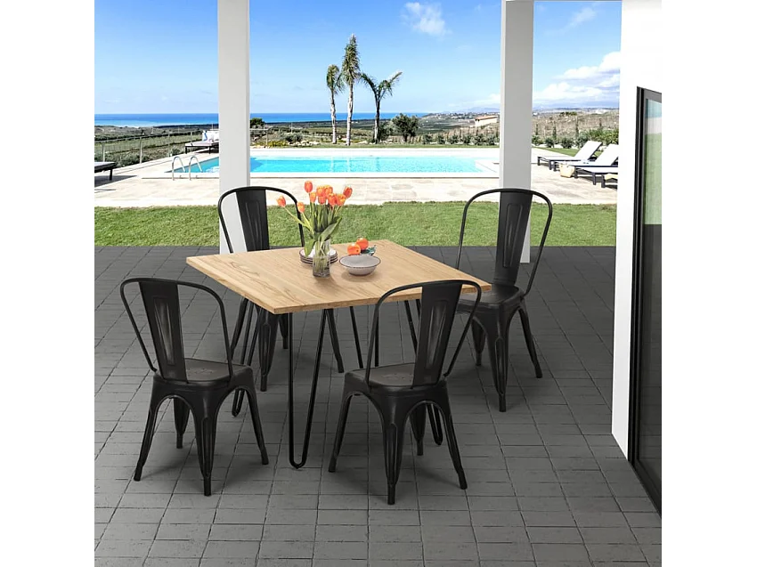 Set tavolo 80x80cm in metallo e legno 4 sedie vintage bar Pear Martini