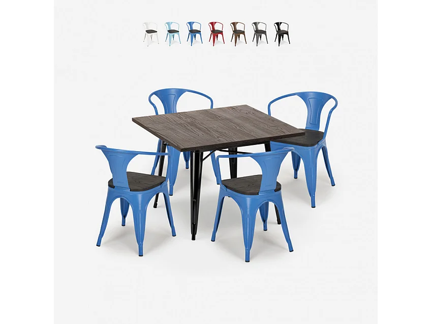 juego industrial mesa cocina 80 x 80 cm 4 sillas madera metal hustle wood black - Azul Marino