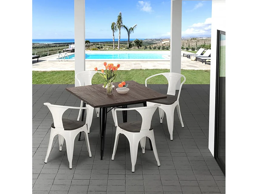 juego industrial mesa cocina 80 x 80 cm 4 sillas madera metal hustle wood black - Azul Marino