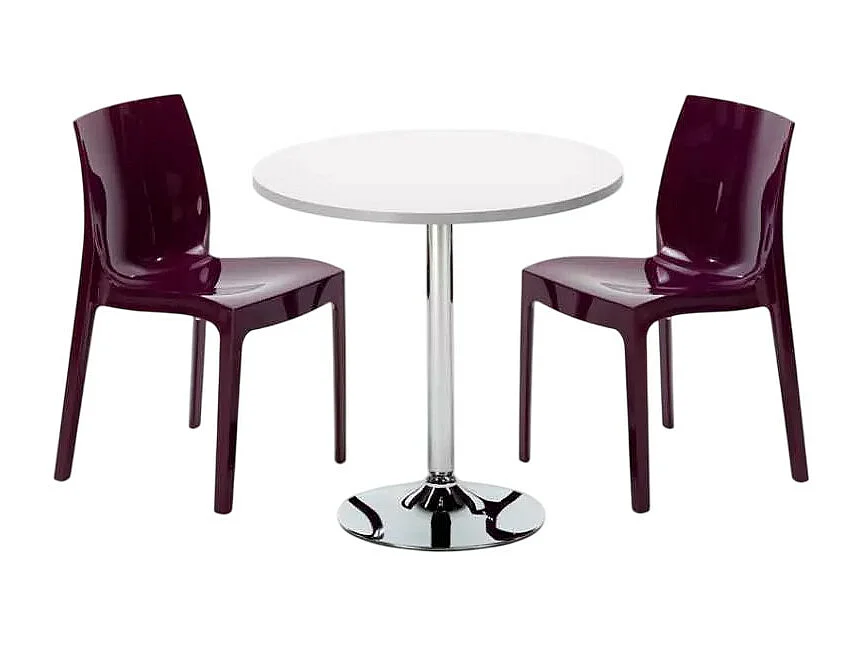 Mesa Redonda Blanca 70x70 cm con Base de Acero y 2 Sillas De Colores Ice Long Island - Morado