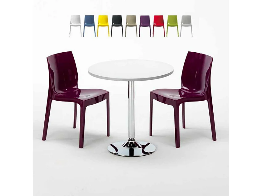 Mesa Redonda Blanca 70x70 cm con Base de Acero y 2 Sillas De Colores Ice Long Island - Morado