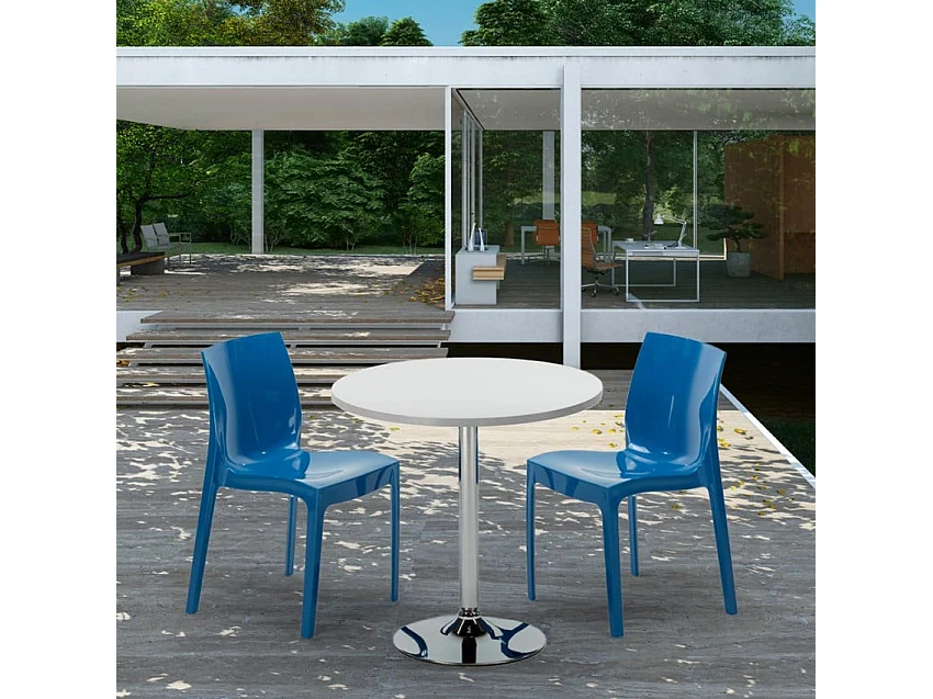 Mesa Redonda Blanca 70x70 cm con Base de Acero y 2 Sillas De Colores Ice Long Island - Morado