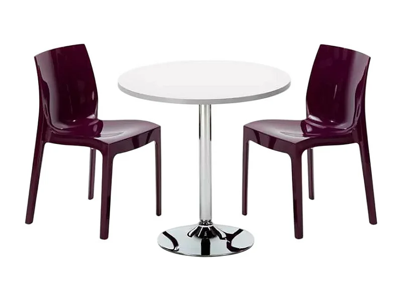 Mesa Redonda Blanca 70x70 cm con Base de Acero y 2 Sillas De Colores Ice Long Island - Morado