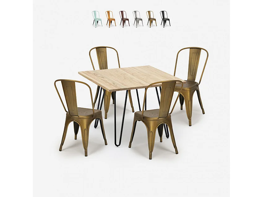 juego mesa bar cocina 80 x 80 cm metal madera 4 sillas vintage hedges light - Gold