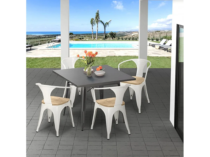 conjunto mesa industrial 80 x 80 cm 4 sillas madera metal century top light - Gris Oscuro