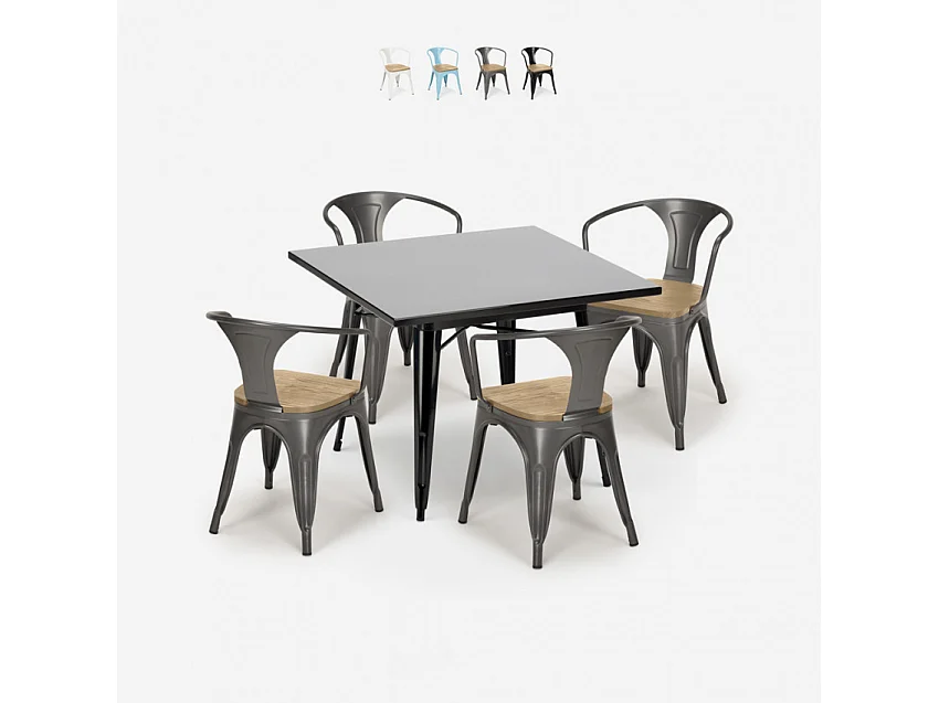 conjunto mesa cocina metal negro 80 x 80 cm 4 sillas century black top light - Gris Oscuro