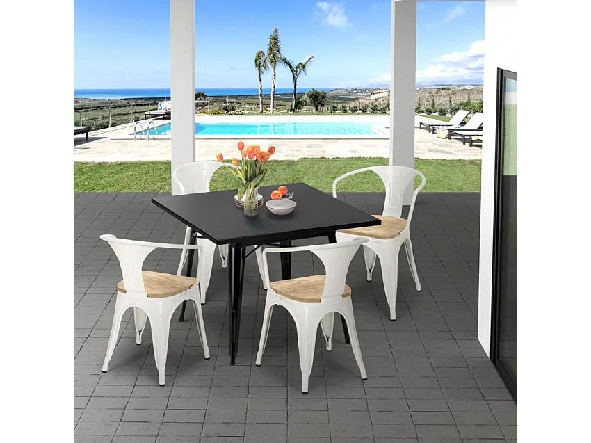 conjunto mesa cocina metal negro 80 x 80 cm 4 sillas century black top light - Gris Oscuro