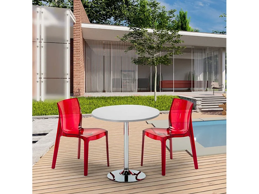Mesa Redonda Blanca 70x70 cm y Sillas De Colores Transparentes Femme Fatale Spectre - Rojo Transparente