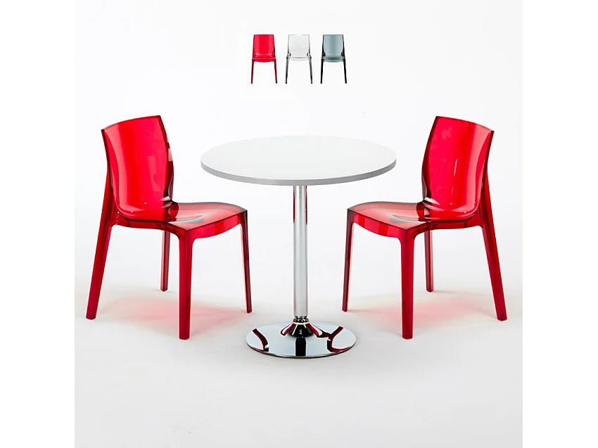 Mesa Redonda Blanca 70x70 cm y Sillas De Colores Transparentes Femme Fatale Spectre - Rojo Transparente